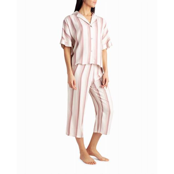 NEW NICOLE MILLER woven shirt and capri two-piece sleepwear set in dune textured - Picture 3 of 4